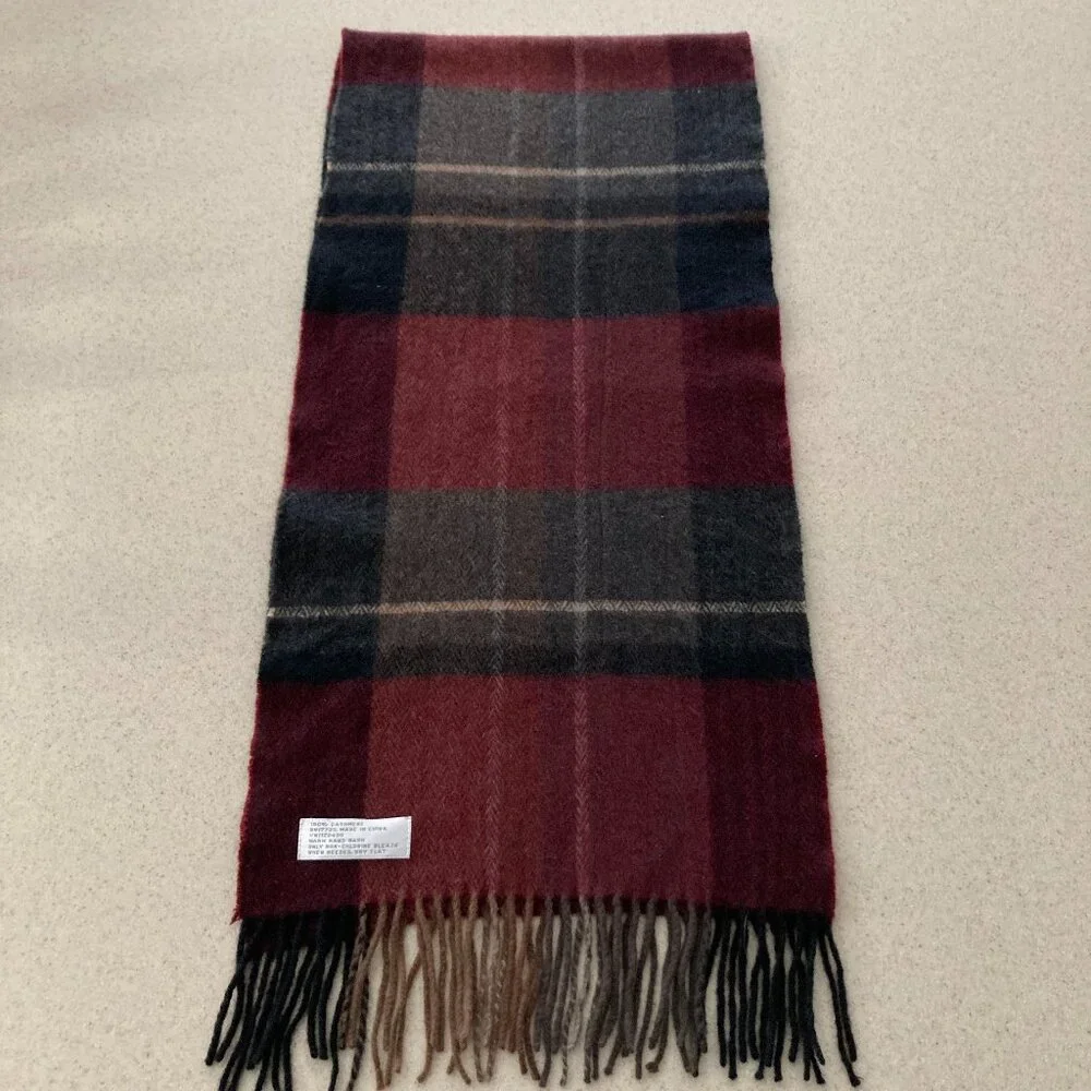 100% Cashmere Long Scarf Black Gray Maroon Plaid EUC